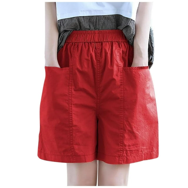 Oksale Shorts Décontractés Grande Taille pour Femmes, Taille Extensible, Shorts Bermuda Amples avec Poches, Confortables, Couleur Unie Classique, Randonnée, Rouge m