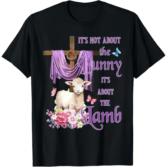 He Is Risen Easter Lamb Cross Faith Graphic Tee | Inspirational Christian Religious Holiday Shirt with Purple Drape, Butterflies & Flowers | Meaningful Spiritual Apparel for Women & Men