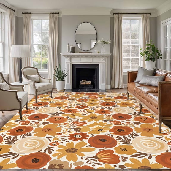 Large Area Rugs for Living Room Bedroom, Fall Orange Flower 5'x8' Rug Washable Carpet Runner Indoor Outdoor, Autumn Watercolor Floral Leaf Plant Non Slip Floor Mats Rug for Kitchen, Bathroom