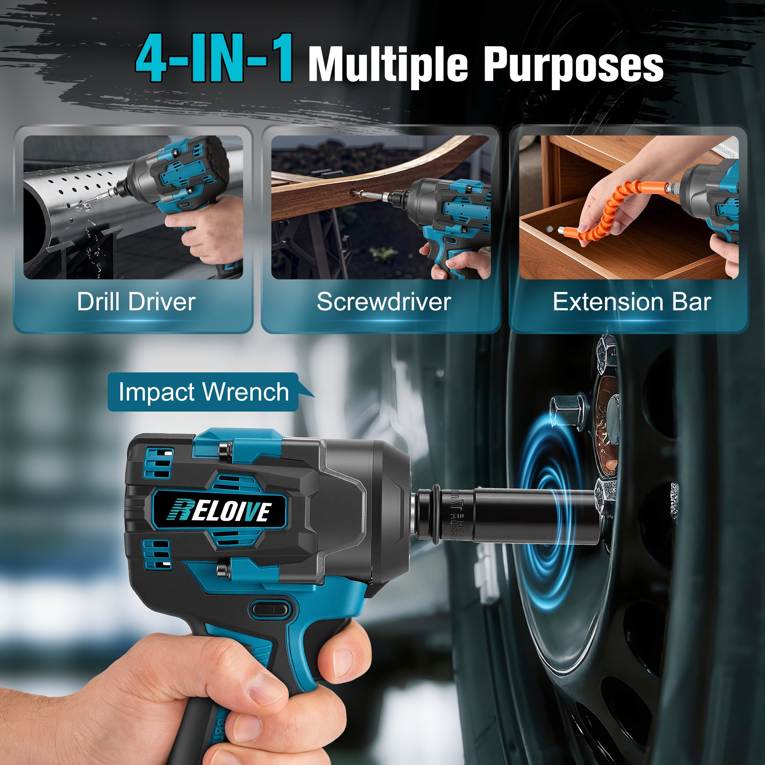 RELOIVE Cordless Impact Wrench Kit,663.8 FT-lbs(900N.m) Max Torque,1/2" Heavy-Duty Brushless Motor,4-IN-1 Electric Impact Driver,2 x 4.0Ah Batteries for Car Home Repair
