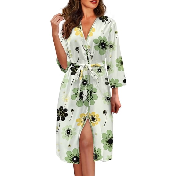 FUIALDOLG Green Floral Print Womens Robes Lightweight Nightgowns for Women Casual Loose Fit Bathrobe Long Sleeve Trendy Sleepwear