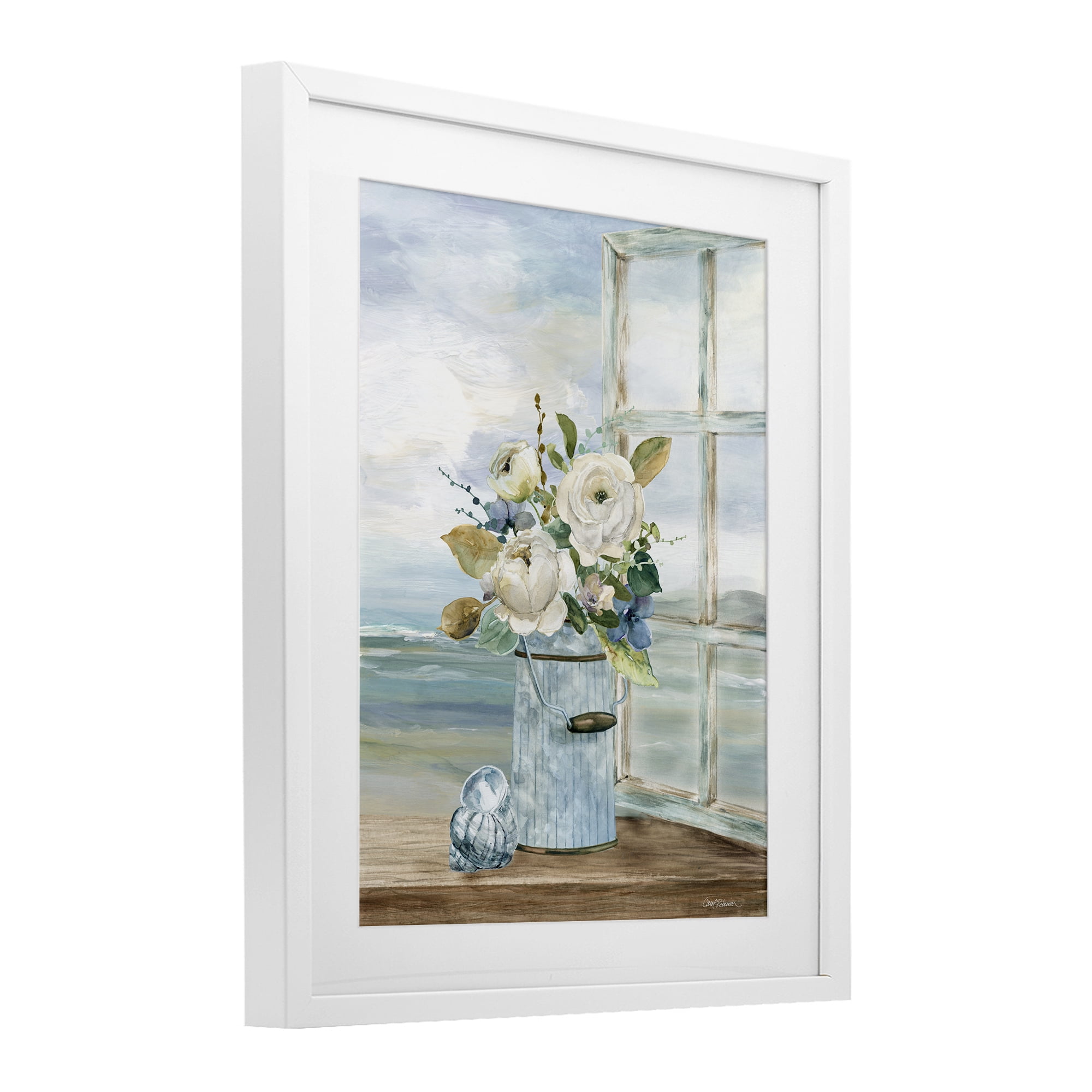Stupell Industries Seaside Florals on Windowsill White Framed Print Under Glass, design by Carol Robinson