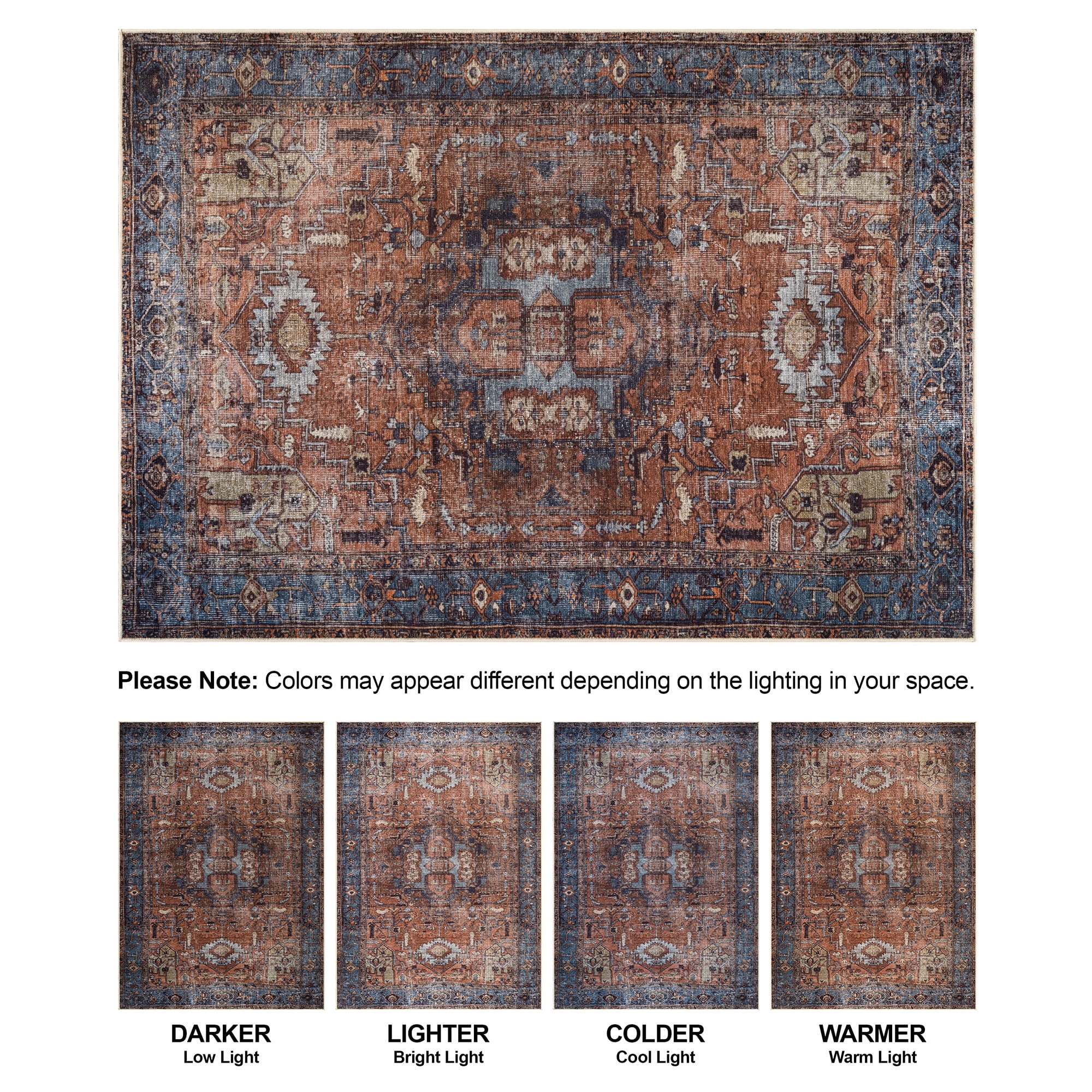 Bloom Rugs Washable Non-Slip 8' x 10' Rug - Terracotta / Blue Traditional Oriental Area Rug for Living Room, Bedroom, Dining Room, and Kitchen - Exact size: 8' x 10'