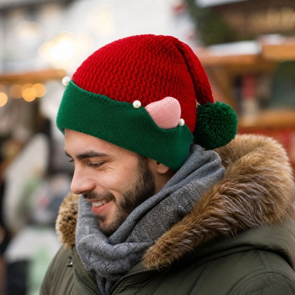 Lumtrix Christmas Knitted Santa Hats With Ears - Warm Knit Winter Hat Funny Beanie Cute Pointed Pom Pom Cap For Holiday Party F