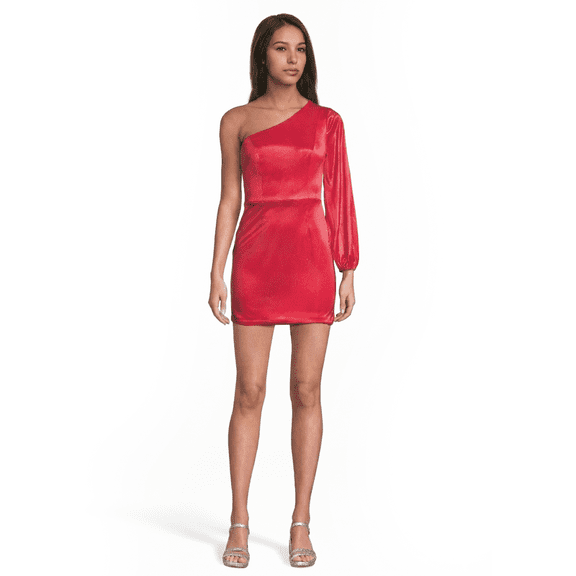 David’s Bridal, The Edit by DB Studio Women's Formal One-Shoulder Long-Sleeve Glitter Mini Dress, Short, Novelty