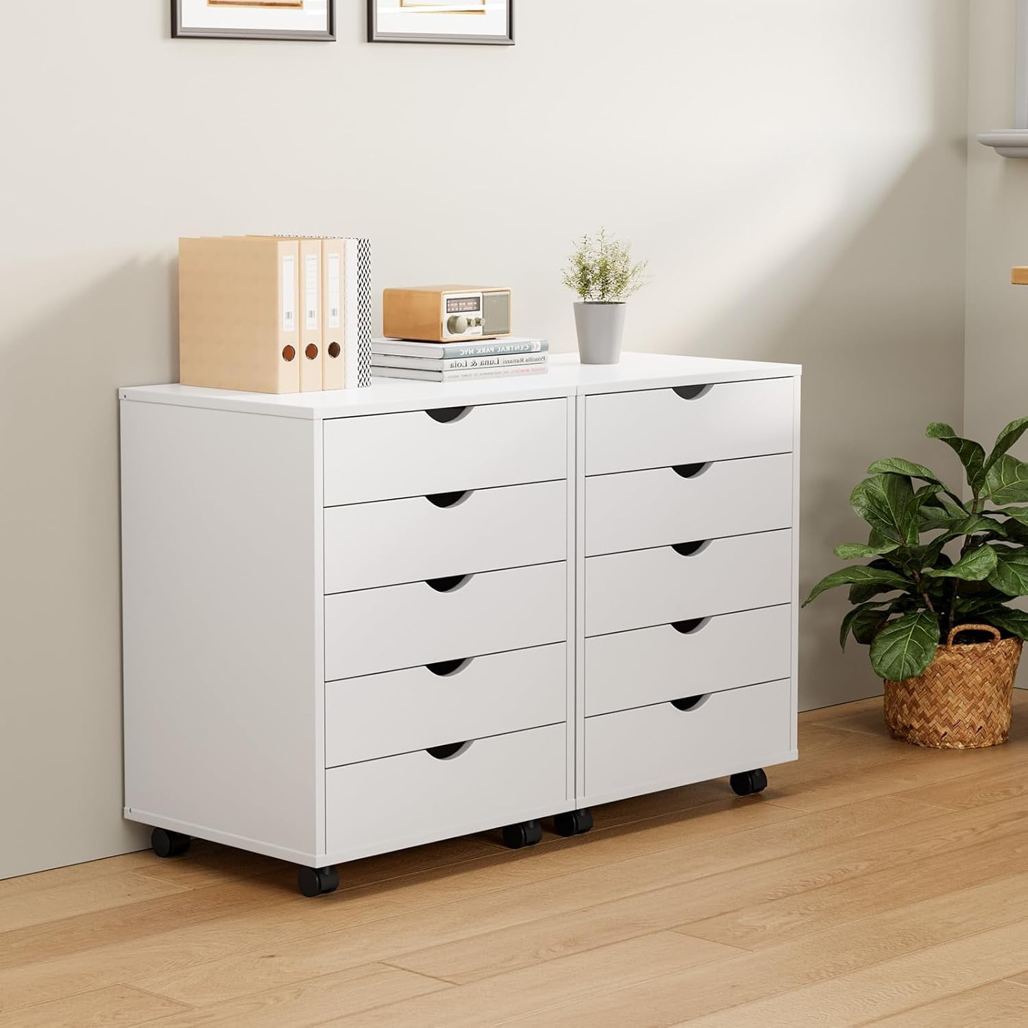 5 Drawer Storage Organizer, 25.39'' Height File Cabinets Dressers With Wheels, Wood Underdesk Cabinet For Home Office, Bedroom, Study, White