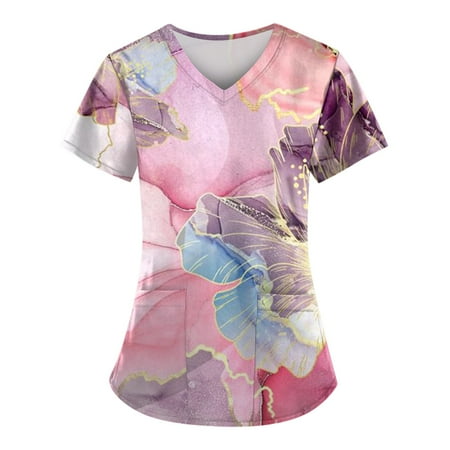 

BIZIZA Maternity Scrub Top Loose Fit Marble Graphic V Neck Uniform Plus Size with Two Pocket Short Sleeve Casual Tops for Women Trendy Pink M