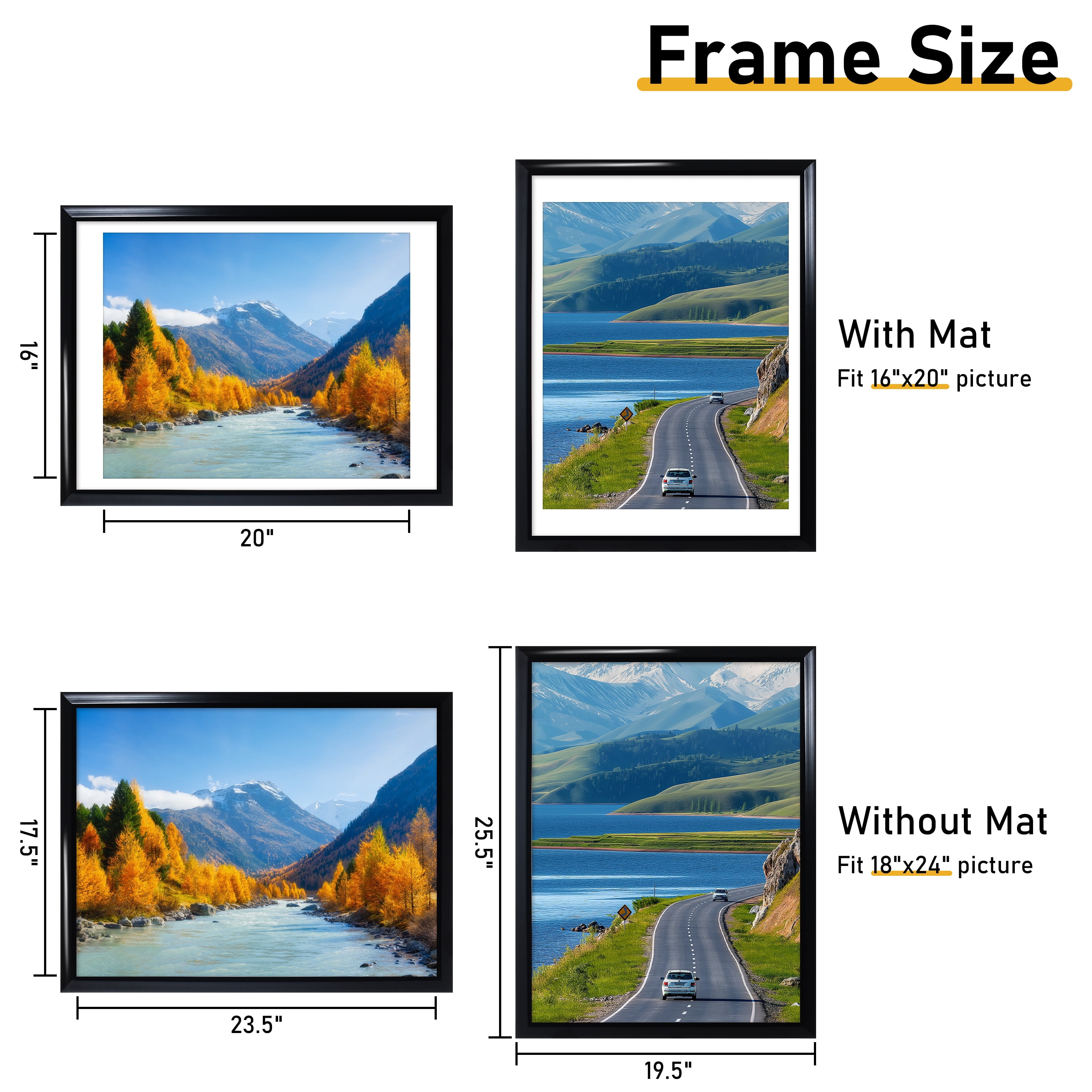 ELSKER&HOME 18x24 Picture Frame 4 Pack, Black Poster Frame Matted to 16x20 for Wall Diaplay