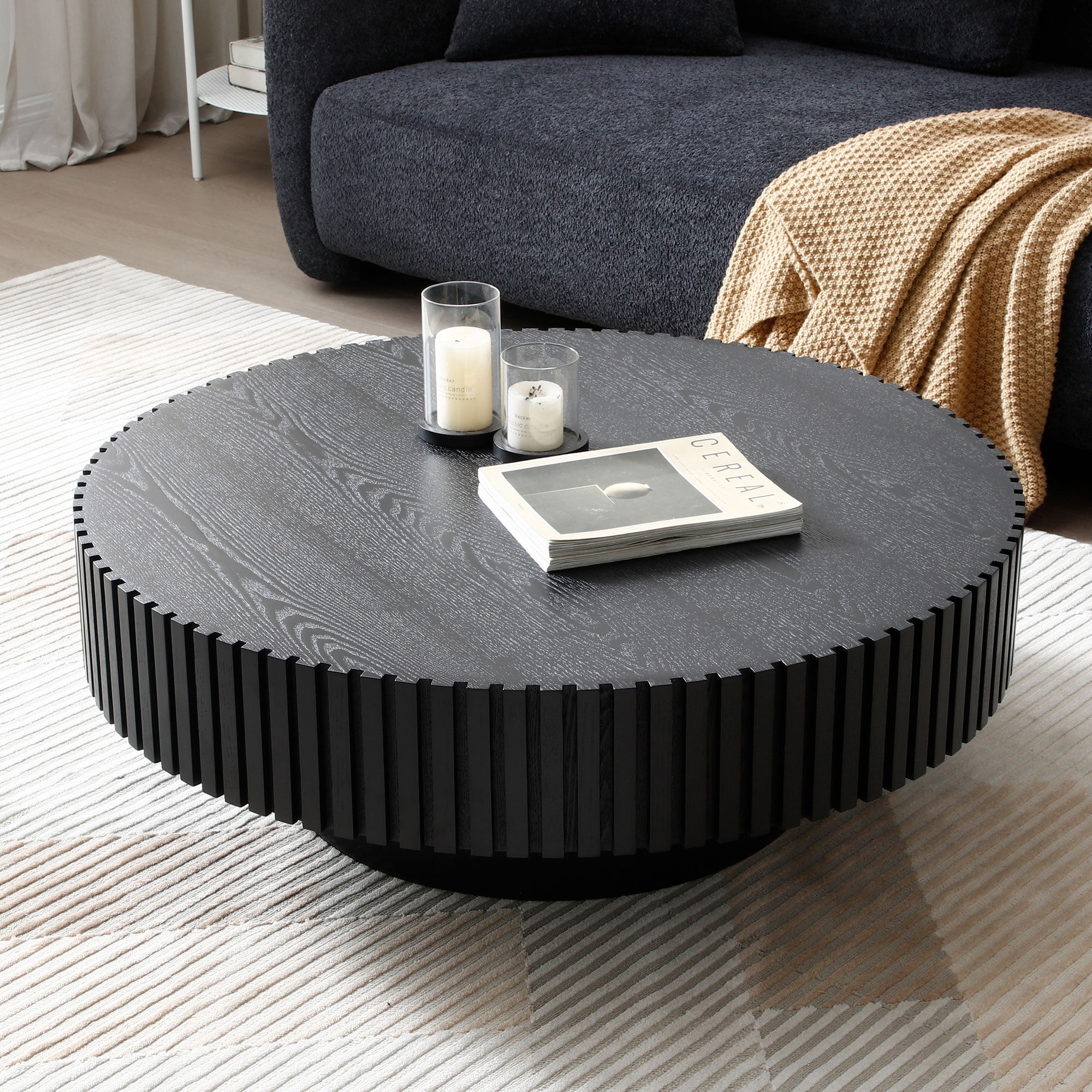 Williamspace Round Coffee Table, 31.49" Modern Handcraft Relief Wood Coffee Table Circle Drum Side Table Accent End Table Center Table for Living Room, Black