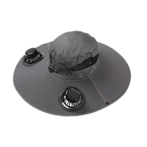 Sombrero de ancha para hombre y mujer, con 2 ventiladores solares, compacto, transpirable, para actividades al aire libre, ideal para pescar y gris
