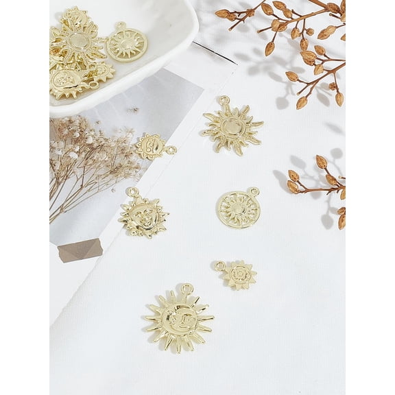 12Pcs 6 Styles Sun Charms Rack Plating Alloy Pendants Dangle Charms Ornament Retro Accessories for Jewelry Making DIY Necklace Earrings Findings DIY Craft 15.5-28x12-25x2-3mm Hole: 1.6-2mm Gold