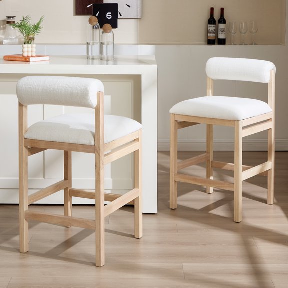 ONEVOG 26.8" Counter Height Bar Stools Set of 2, Modern Farmhouse Solid Wood Barstools with Linen Upholstered Curved Backrest & Cushion, Kitchen Island Chairs, White