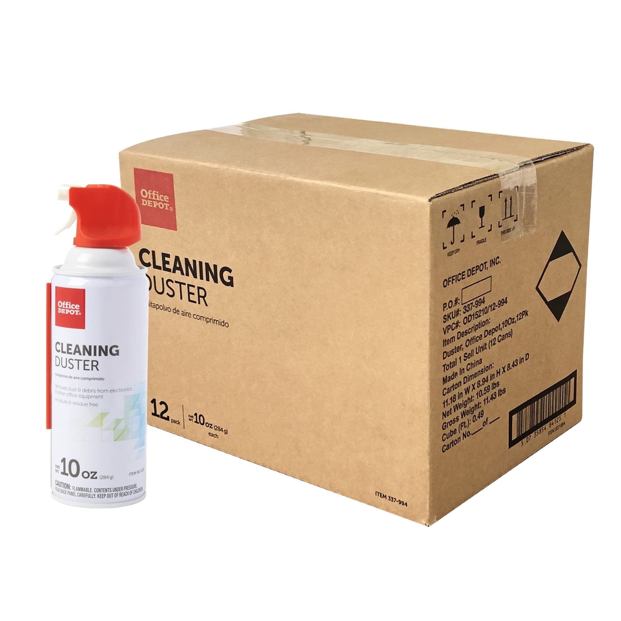 Office Depot Cleaning Duster, 10 Oz Compressed Canned Air for Electronics, Keyboard Cleaner for Computer, Laptop, PC, Printer, Office Equipment, Moisture-Free, Pack of 12