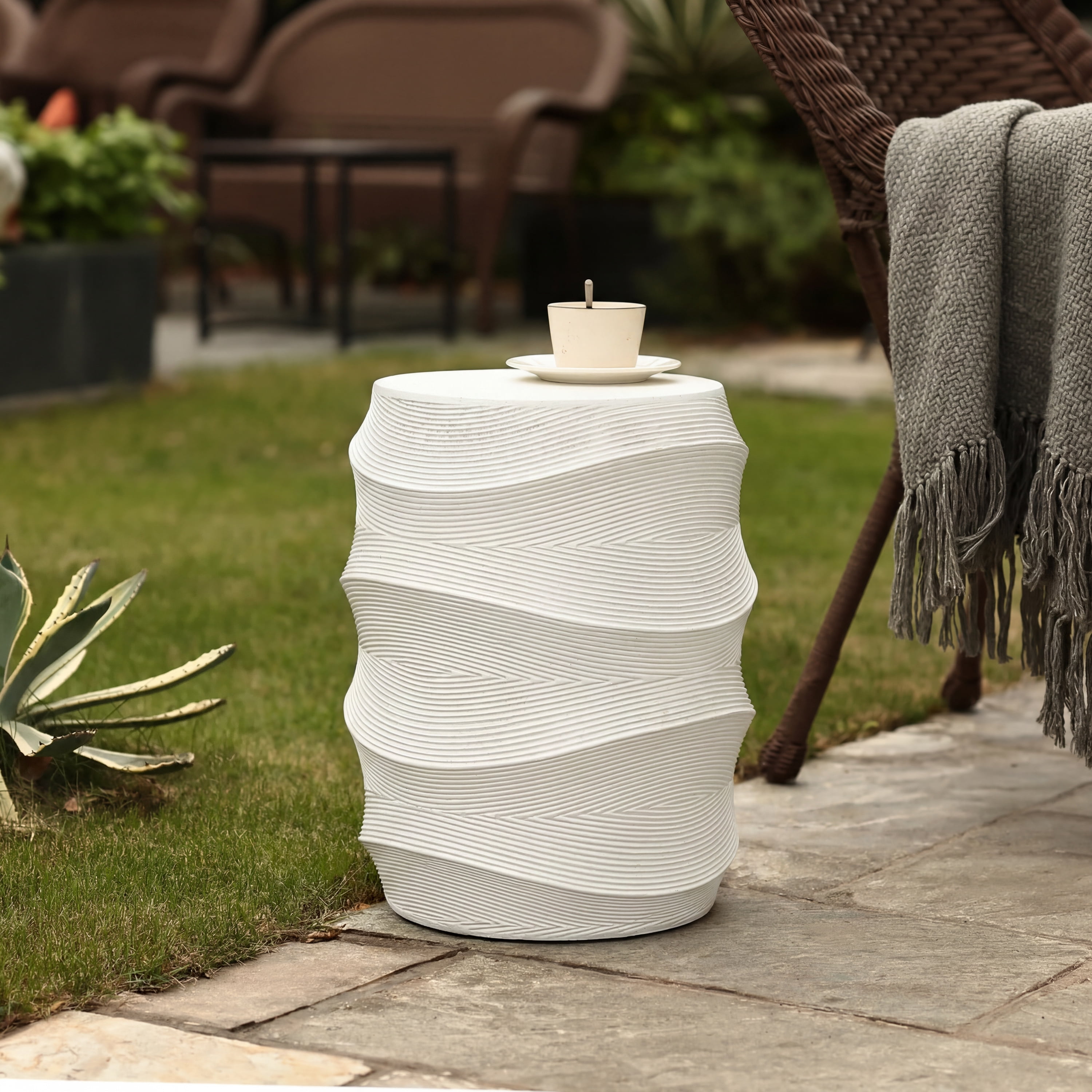 Mintazer Antique Ribbed MGO Outdoor Side Table, Indoor & Outdoor Accent Table for Balcony, Patio, Garden, White