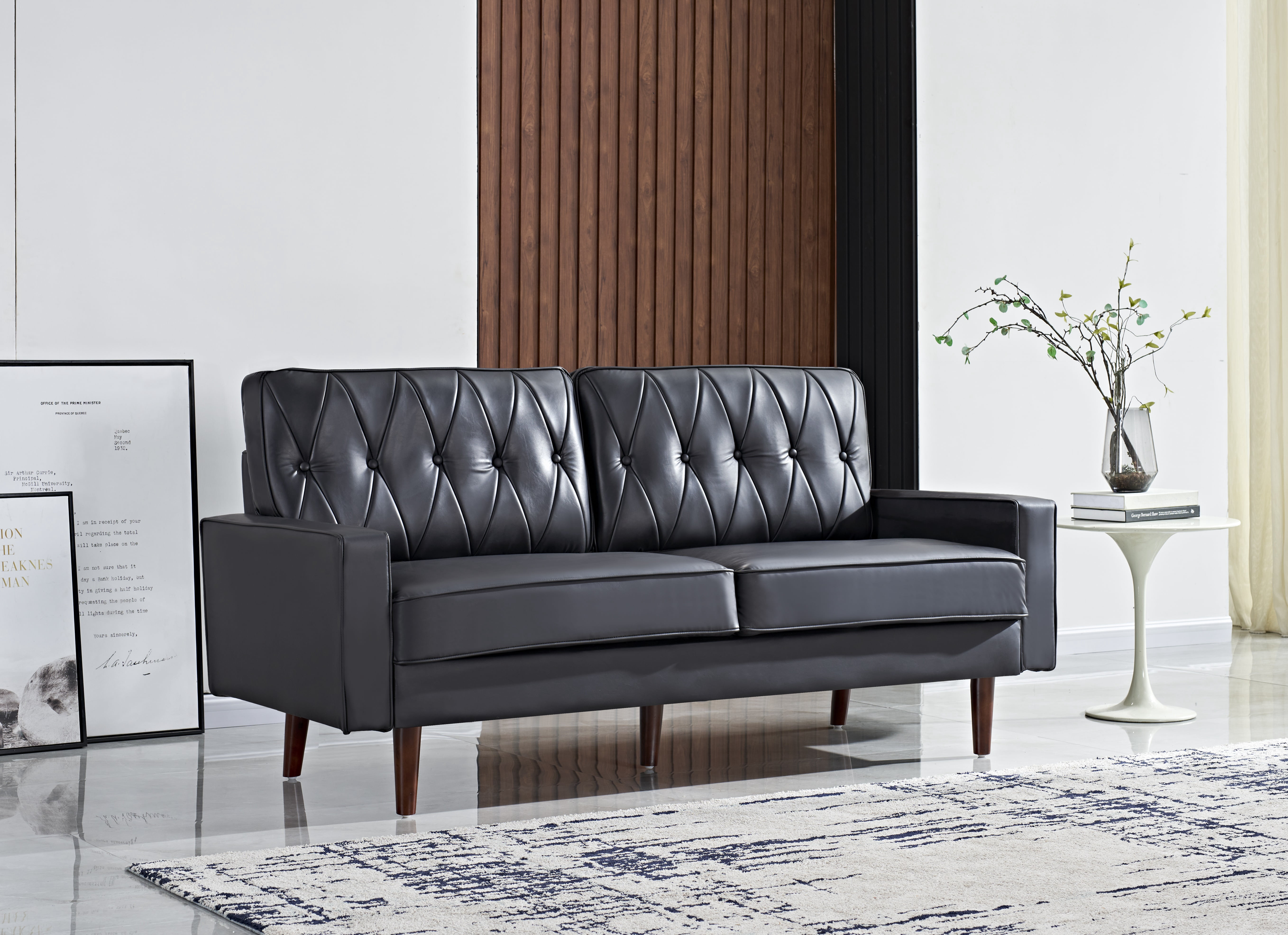 US Pride Furniture Acire 69.3" Faux Leather Cushion Back Sofa, Black