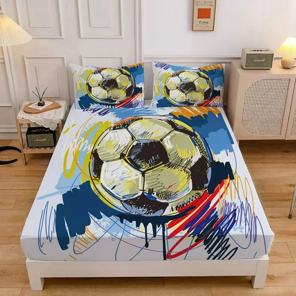 MIBNCE Kids Soccer Fitted Sheet Set, Football Bed Sheet 3D Printed Soccer Bedding Set with 1 Fitted Sheet and 2 Pillowcases,Sports Theme Bedding Twin Size,Style A