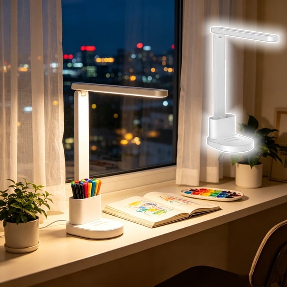 COM1950s Foldable LED Desk Lamp with Storage Base,Eye Care Reading Light with Time Display,Plug In Work Light for Home Office Bedside Dorm Study Room Use