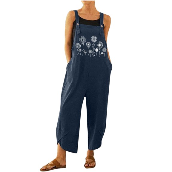 Womens Cotton Linen Sleeveless Bib Overalls Casual Baggy Printed Wide Leg Capri Romper Summer Jumpsuits with Pockets