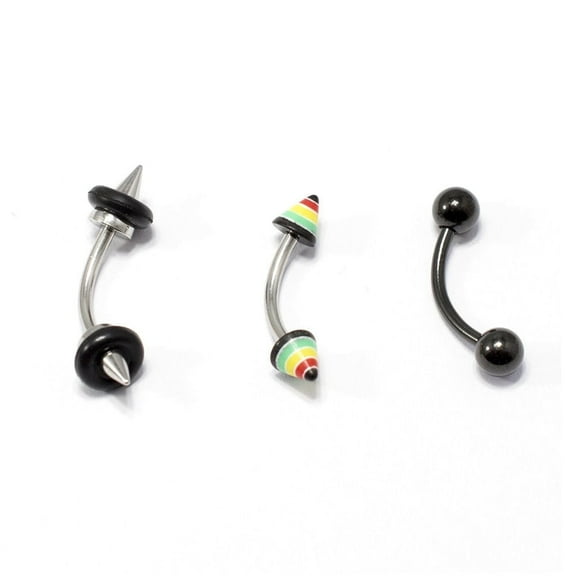 Black Eyebrow Ring 3pc 16G Surgical Steel Spike Rasta 8MM Ear Cartilage Piercing
