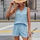 thumbnail image 5 of Conjunto Casual de 2 Piezas para Mujer, Jersey con Cuello en V y Pantalones Cortos de Cintura Alta, Chándal Transpirable de Color Liso, Azul , Talla L, 5 of 9