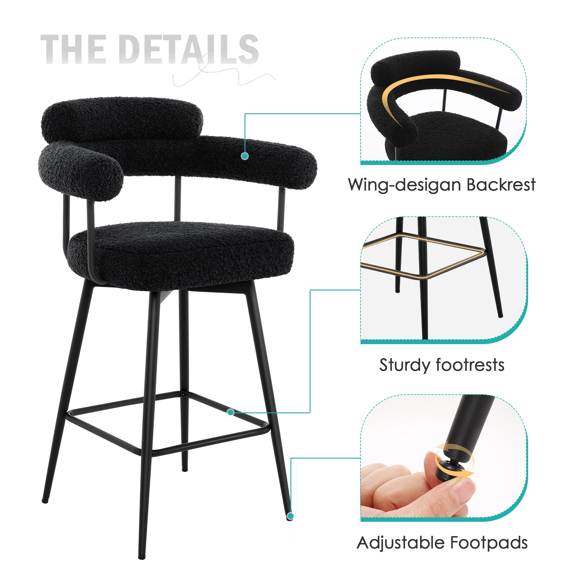 Zesthouse 26.7" Swivel Counter Stools Set of 2, Upholstered Sherpa Bar Stools with Back and Metal Legs, Modern Counter Height Chairs for Kitchen Island, Black