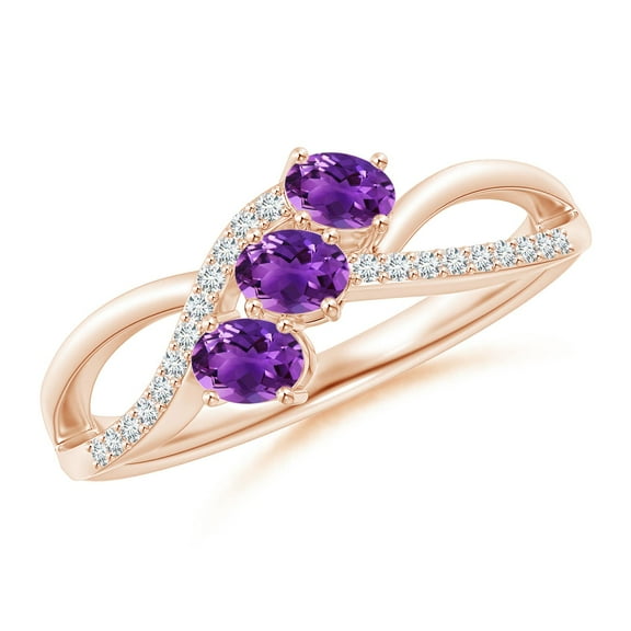 ANGARA Natural Oval Amethyst Three Stone Bypass Ring with Diamonds in 14K Rose Gold for Women (Size-4x3mm) | February Birthstone, Birthday, Anniversary, Jewelry Gift for Women | Natural Amethyst Ring