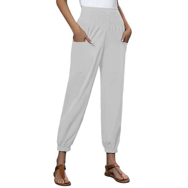 Pantalones palazzo de lino con cintura elástica, pierna ancha y bolsillos para mujer