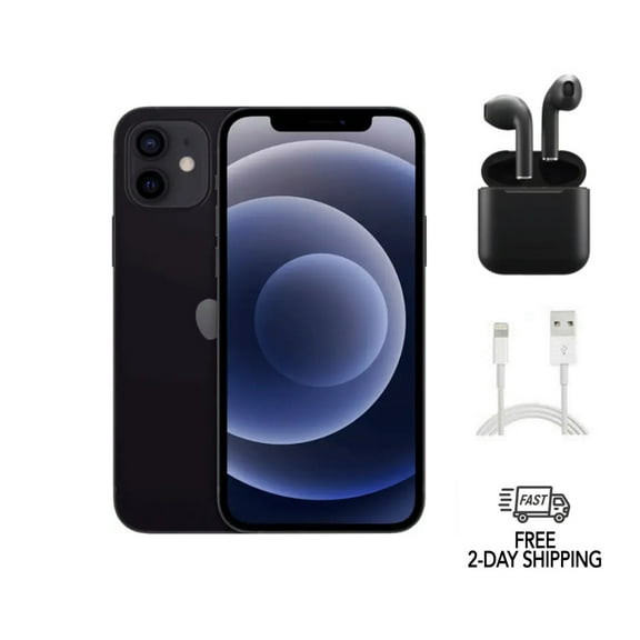 Restored Apple iPhone 12 (Fully Unlocked) 128GB Black (A2172) Bundle with Wireless Earbuds (Refurbished)
