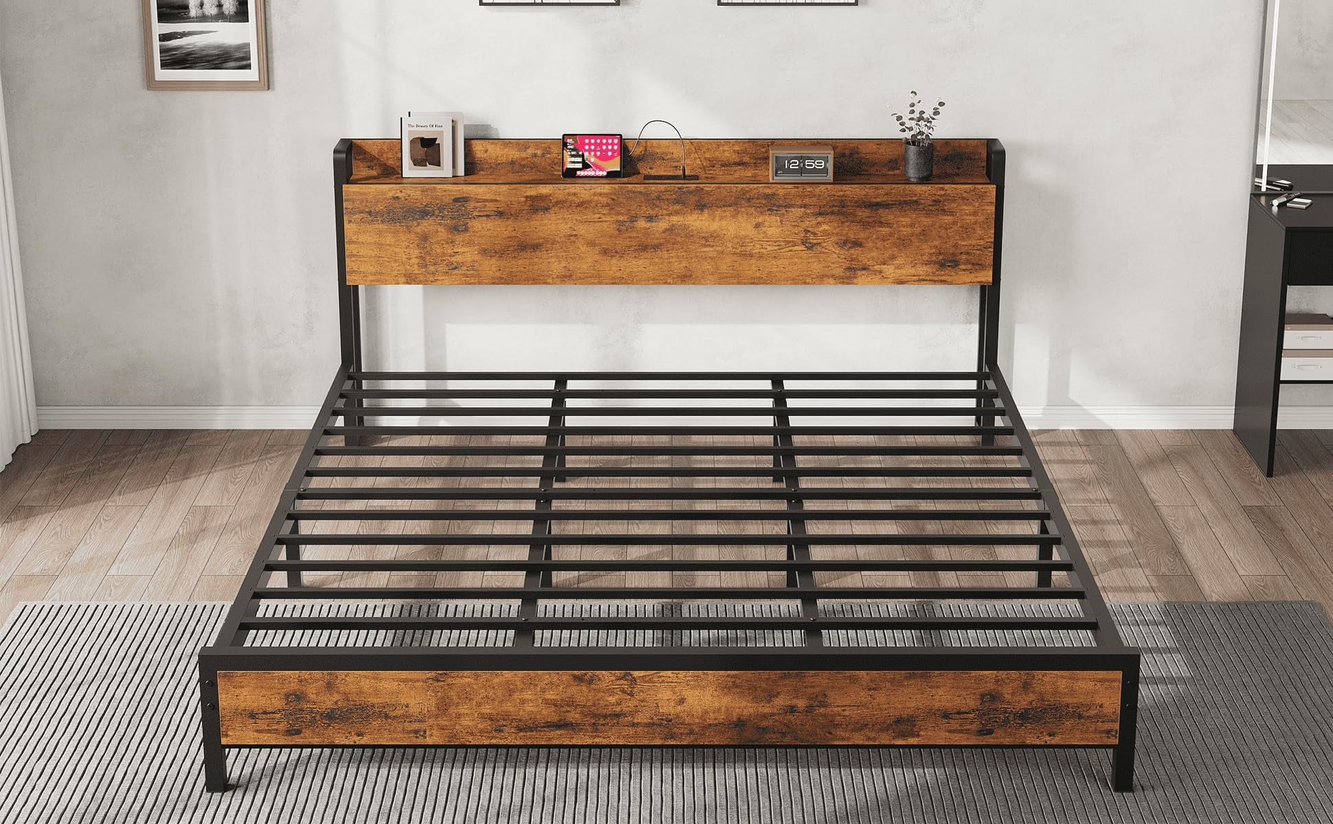 King Size Bed Frame Charging Station with 2 USB Ports & 2 AC Outlets, Heavy Duty Metal Bed Frame with Wooden Headboard and Footboard