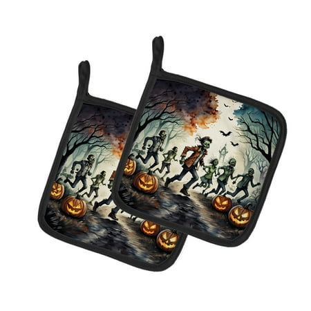 

Zombies Spooky Halloween Pair of Pot Holders 7.5 in x 7.5 in