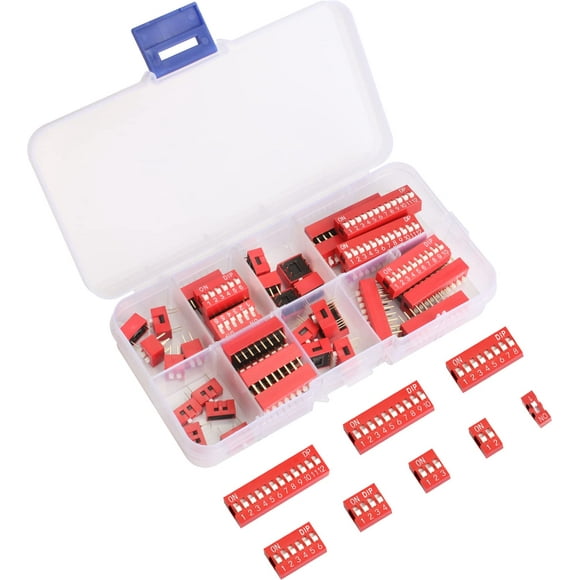 Double Row Dip Switch Assorted Kit in Box 1 2 3 4 6 8 10 12 Position 254mm PcB Mountable On Off Dip DIL Switch, Pack of 40pcs Slide Type Red Toggle Switch for circuit, Breadboards, and Ardui