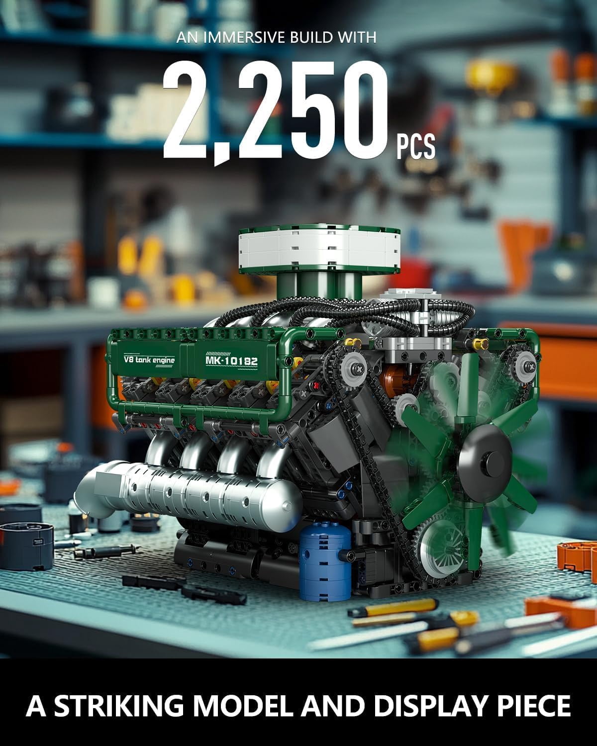 Engine Building Blocks Sets, MOC V8 Tank Engine Model Kit with Battery and Motor, Collectable 8-Cylinder Combustion Car Engine Model Toys for Adults (2250+PCS)