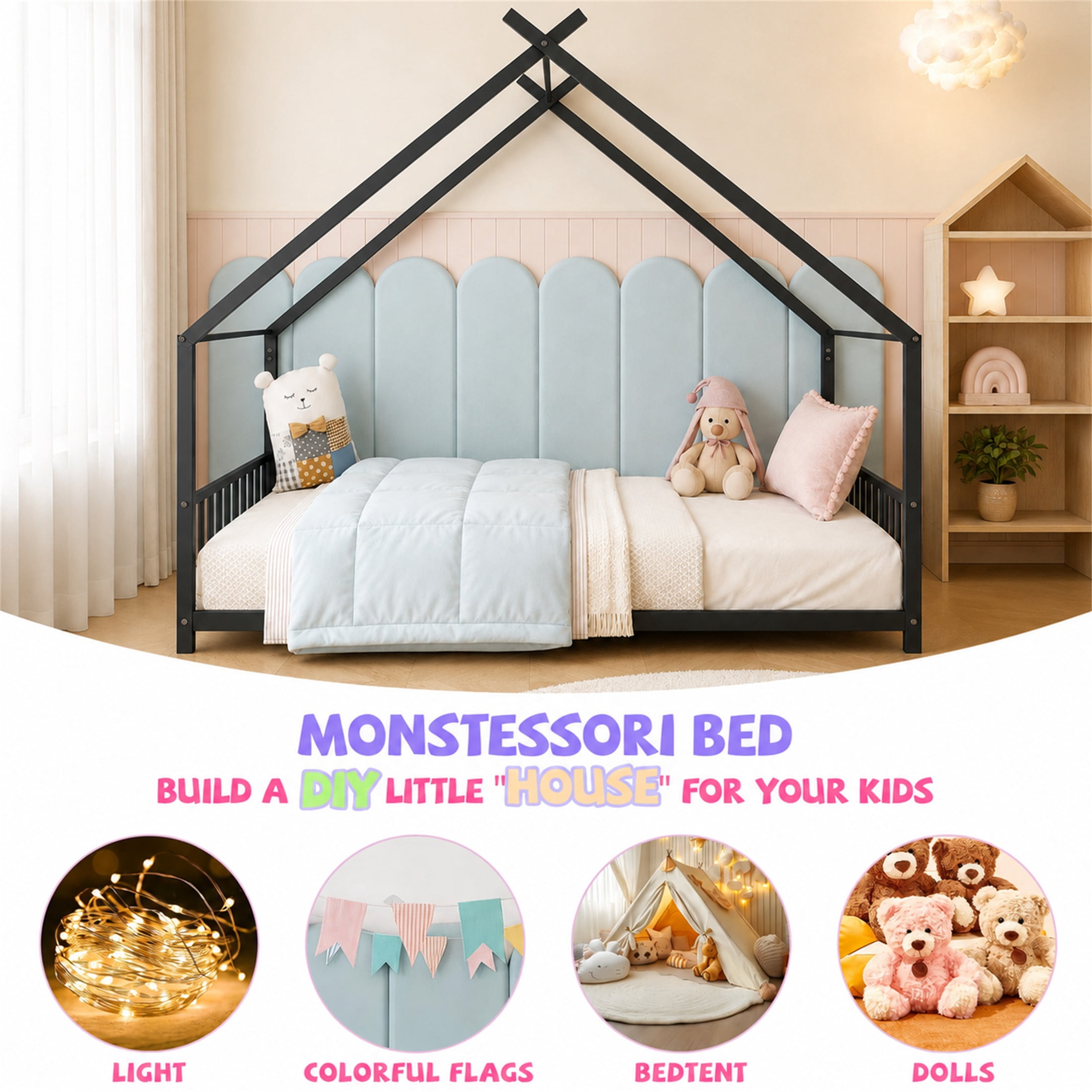 SESSLIFE Montessori Floor Bed, Twin Size Toddler Bed with Roof and Guardrail, House-Shaped Design, No Box Spring Needed, Toddler Bed Frame for Kids, Black
