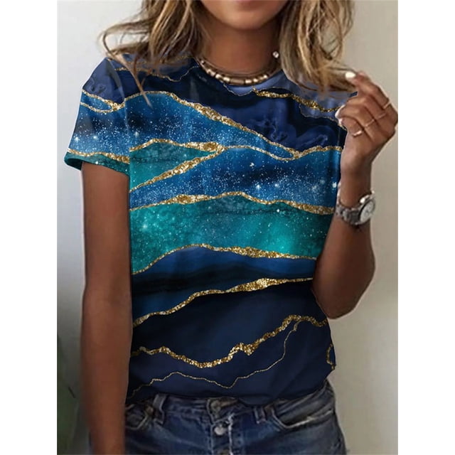 Camiseta de manga corta con cuello redondo para mujer, Camiseta con estampado abstracto 3D Vintage, Tops informales holgados para mujer 2022