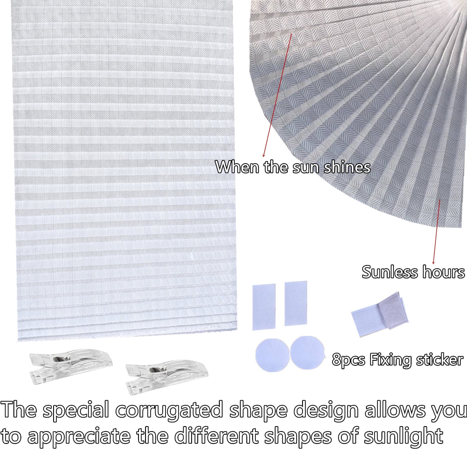 Yogsey 2PCS Ripple Shape Temporary Light Filtering Paper Shades for Windows, Cordless No Drill Self Adhesive Pleated Paper Blinds Free Cut Size 50% Light Filtering Shades for Room Bedroom Kitchen
