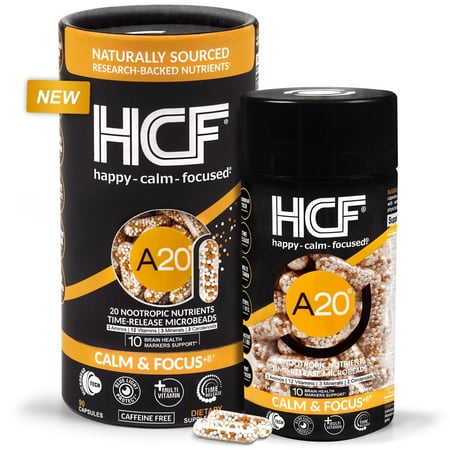 HCF A20 Microbead Brain Supplement + Multi-Vitamin - Calm, Focus, Mood, Memory, Alertness, Attention, Vision, Blue Light, Sleep, Immune System, 20 Premium Nootropic Nutrients & 7 Advances Technology