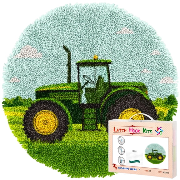 Latch Hook Rug Kit Farm Green Tractor Stamped Handmade Round Shape Carpet Crochet Yarn Craft DIY Hook and Latch Door Mat Tapestry for Christmas Home Floor Decor 50x50cm(1)