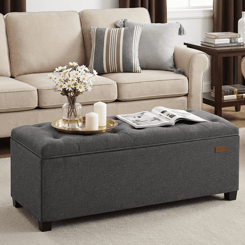 LEDREM Storage Ottoman Bench, 43" End of Bed Bench with Removable Cover, 660lb Capacity, for Living Room, Bedroom, Dark Gray