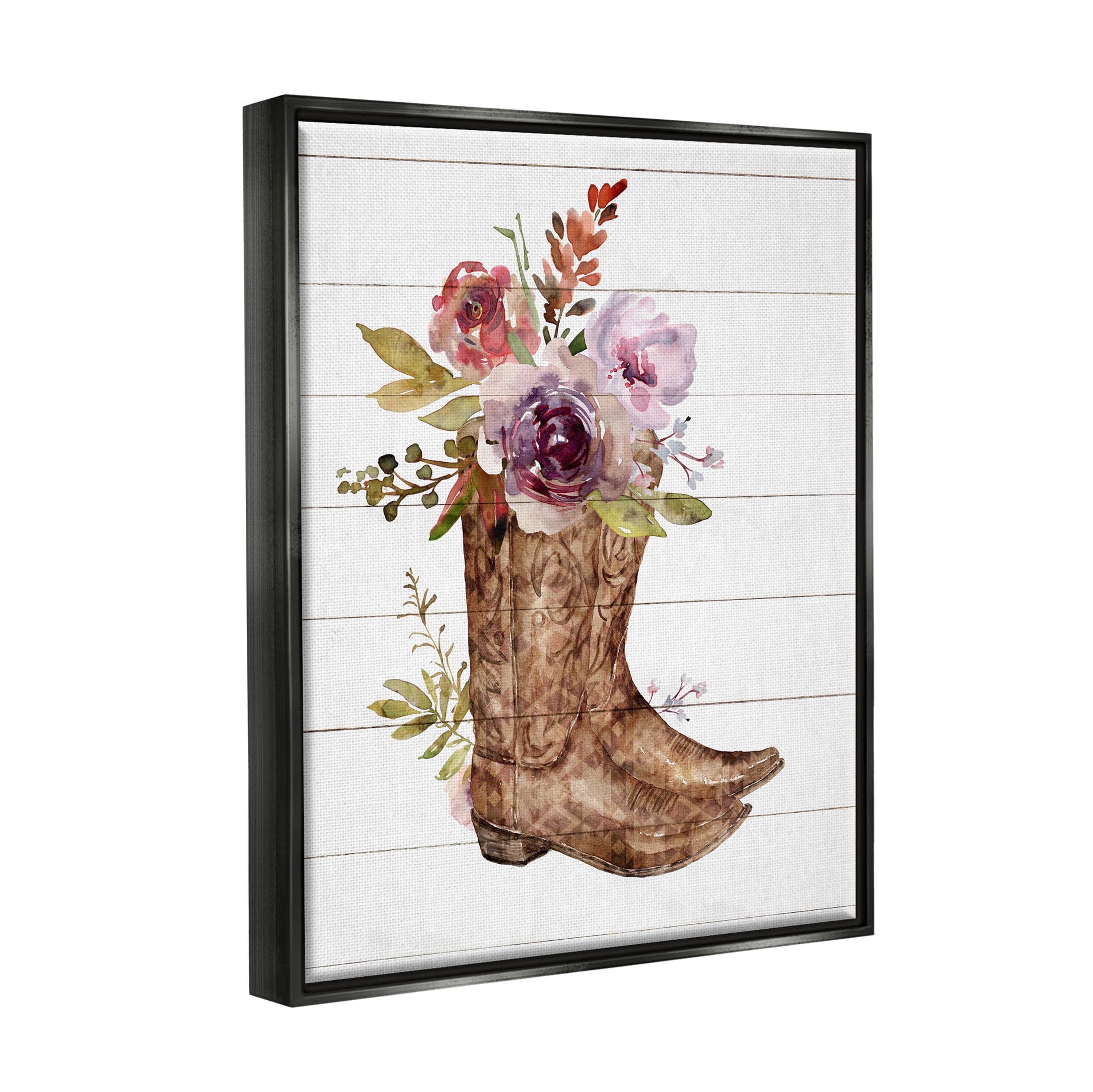 Stupell Industries Country Floral Boots Arrangement Graphic Art Jet Black Floating Framed Canvas Print Wall Art, Design by Nina Blue