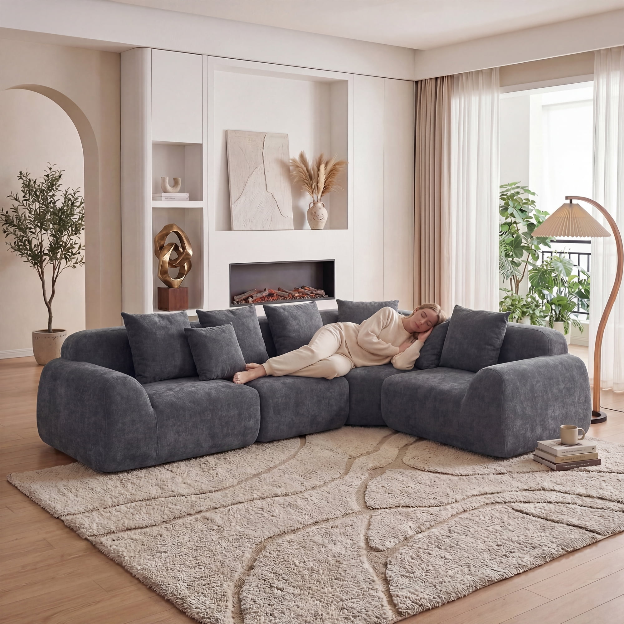 118" Wide Curved Velvet Modular Sectional Sofa, Oversized L-Shaped Cloud Couch with Memory Foam