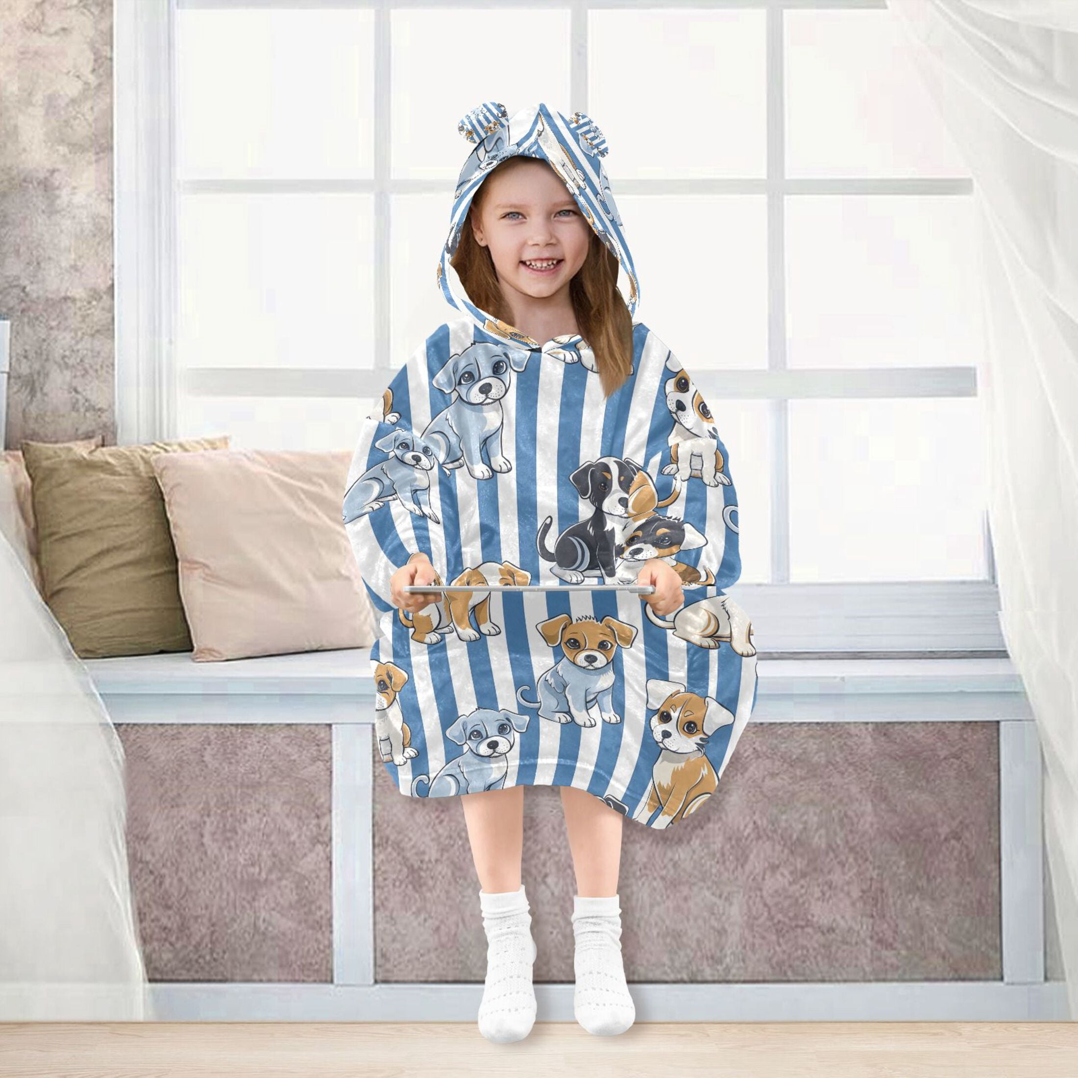 joogoo Wearable Blanket Hoodie for Cartoon Puppy Dog Stripes Flannel Sherpa Pocket 3-14 YR S