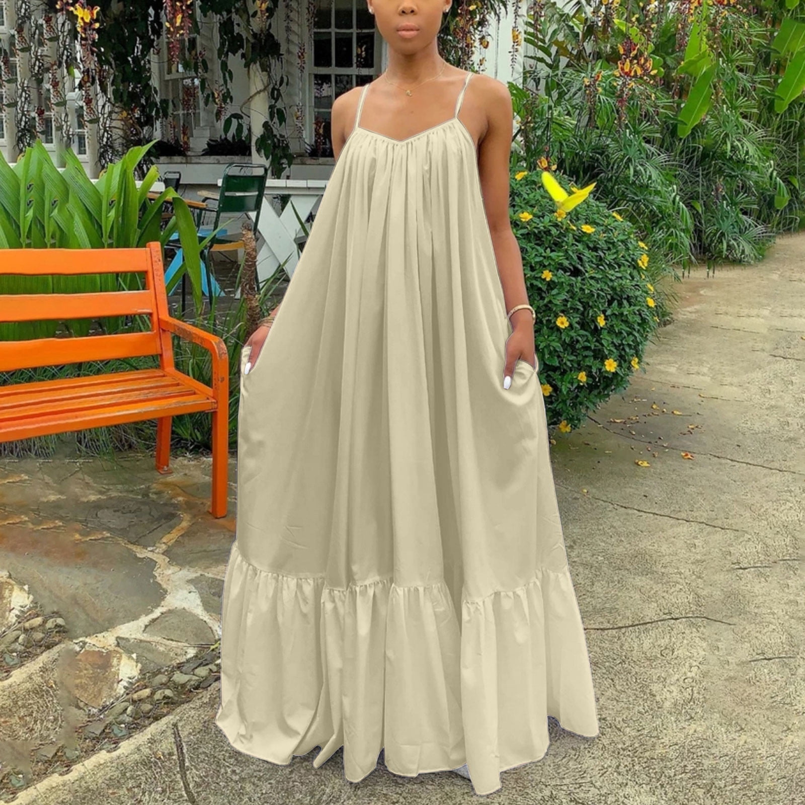 zanvin Clearance Sale Women Summer Dresses Women Fashion Casual Solid Sleeveless Strap Dress Pocket Loose Backless Plus Size Dress Beige S