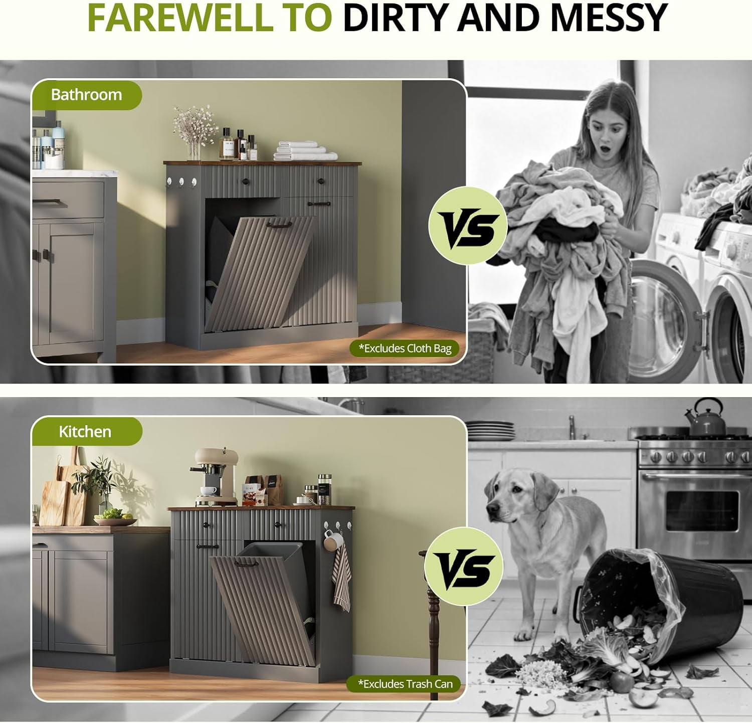 SELOOYE Double Tilt Out Trash Can Cabinet Hidden Kitchen Trash Can, 20 Gallons Freestanding Recycling Cabinet with Hideaway Drawers Pet Proof Trash Can for Kitchen Living Room, Grey