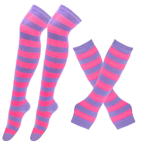 VBVC Ladies Knee-High Striped Socks Set,Party Dress-Up Glove and Socks for Women and Teens,Hot Pink,Size Free Size