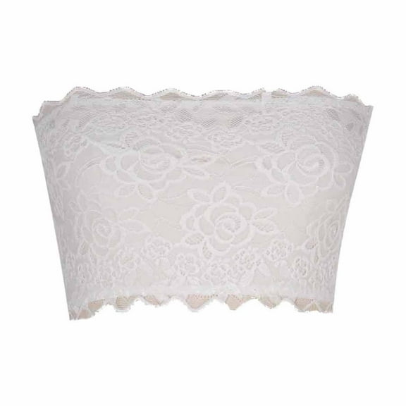Women's Wireless Strapless Bra Floral Lace Bandeau Bra for Women Seamless Padded Elastic Comfy Underwear (XL, White)