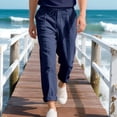 thumbnail image 3 of Men's Linen Blend Drawstring Casual Pants Dark Blue M, 3 of 6