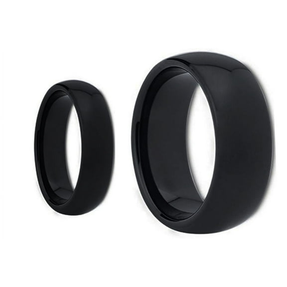 Matching Mens and Ladies Black Polished Shiny Domed Tungsten Carbide Wedding Band Ring Set