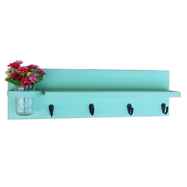 24" Wide Shelf with Key Hooks & Mason Jar