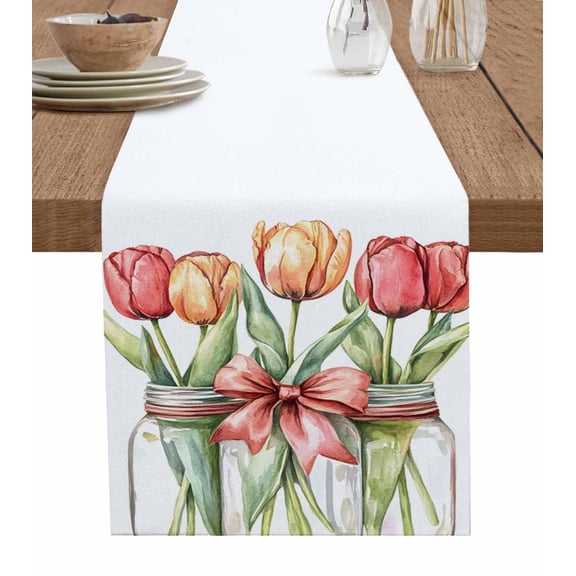 Spring Floral Table Runner 70 Inches, Botanical Tulip Flower Bow in Vase Bed Runner Dresser Scarves Tabletop for Indoor Outdoor Parties/Ceremony/Banquet, 13" x 70"