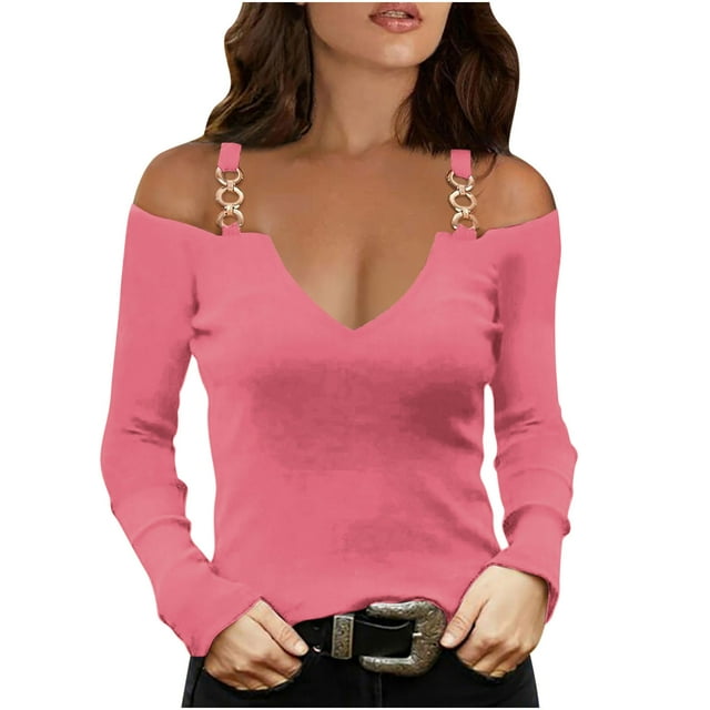 FAIWAD Womens Long Sleeve Cold Shoulder Tops V Neck Hollow Out Strape Blouses Slim Stretch Tunic Tops